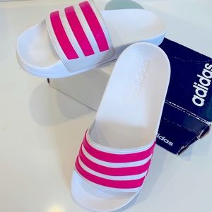 SOLD OUT color! Hot pink/white Adidas Adilette Sandals Slides. Fits size 5.5